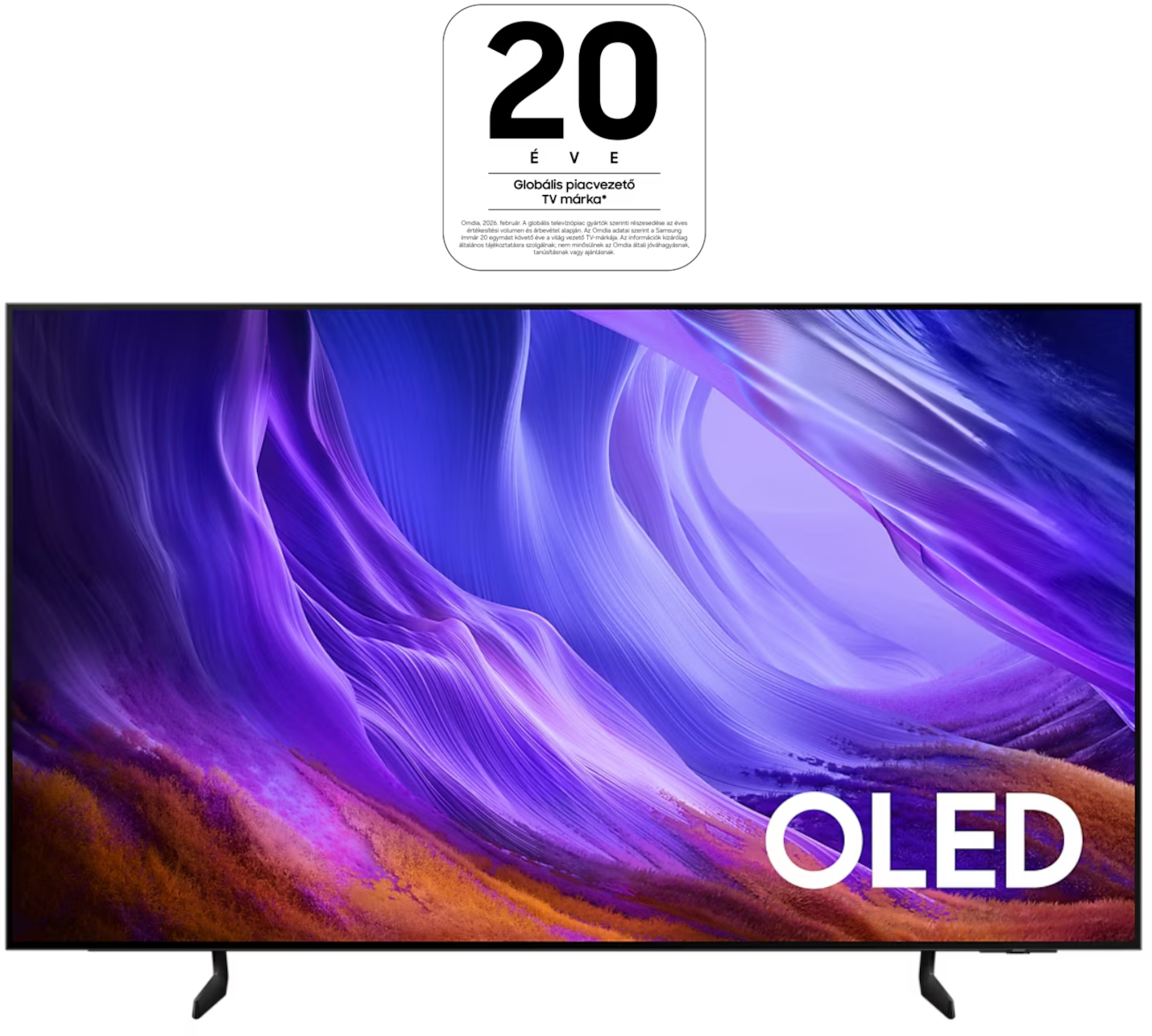 Egy modern OLED TV absztrakt lila és narancssárga háttérképpel.