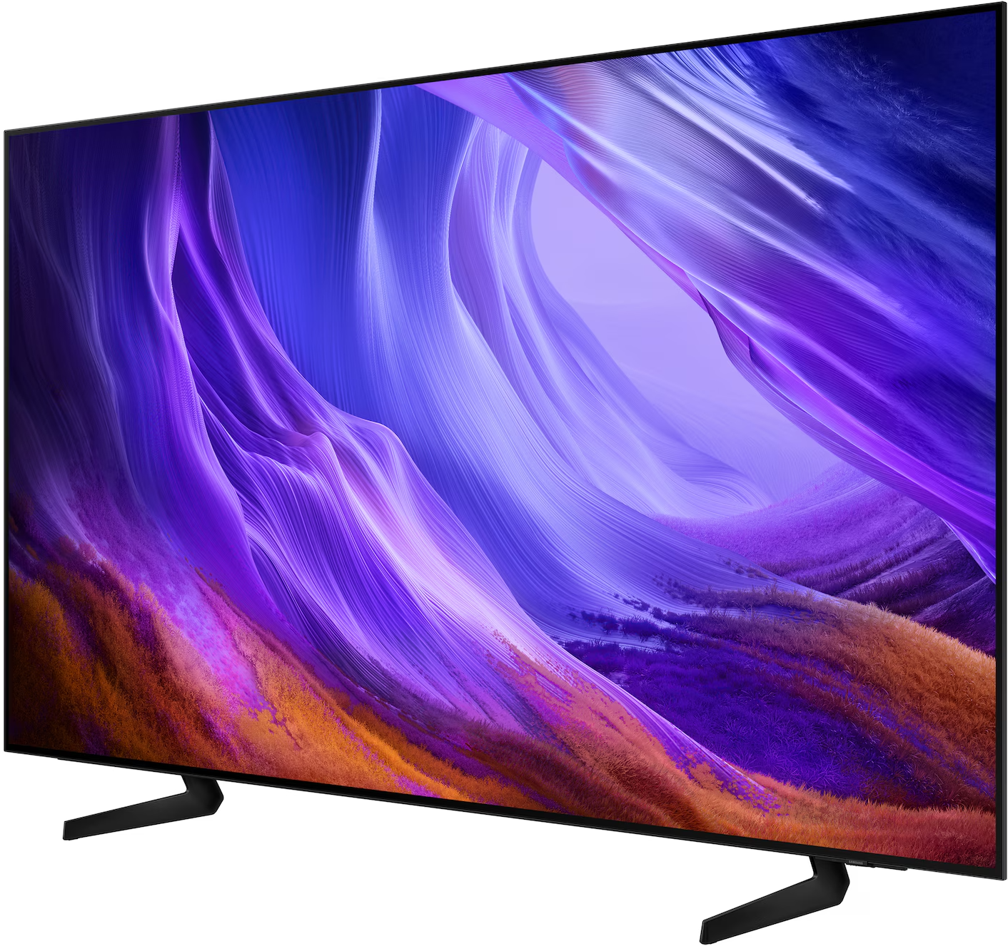 Egy modern TV absztrakt lila és kék képernyővédővel, fekete állványlábakkal.