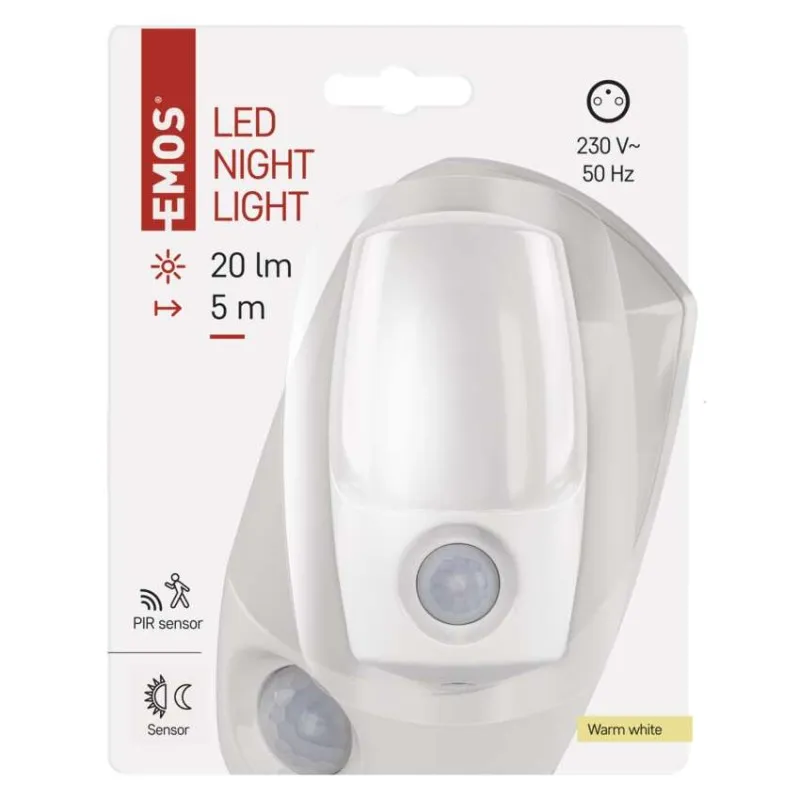 Fehér LED-es éjszakai lámpa csomagolása mozgásérzékelővel, 20 lm, 5m hatótáv.