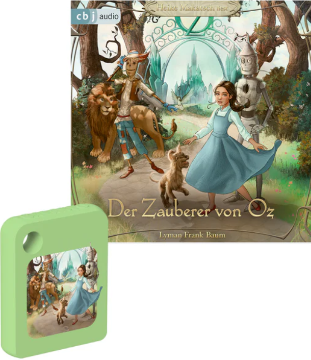 Dorothy mit Löwe, Blechmann und Vogelscheuche vor dem Smaragdstadt-Tor.