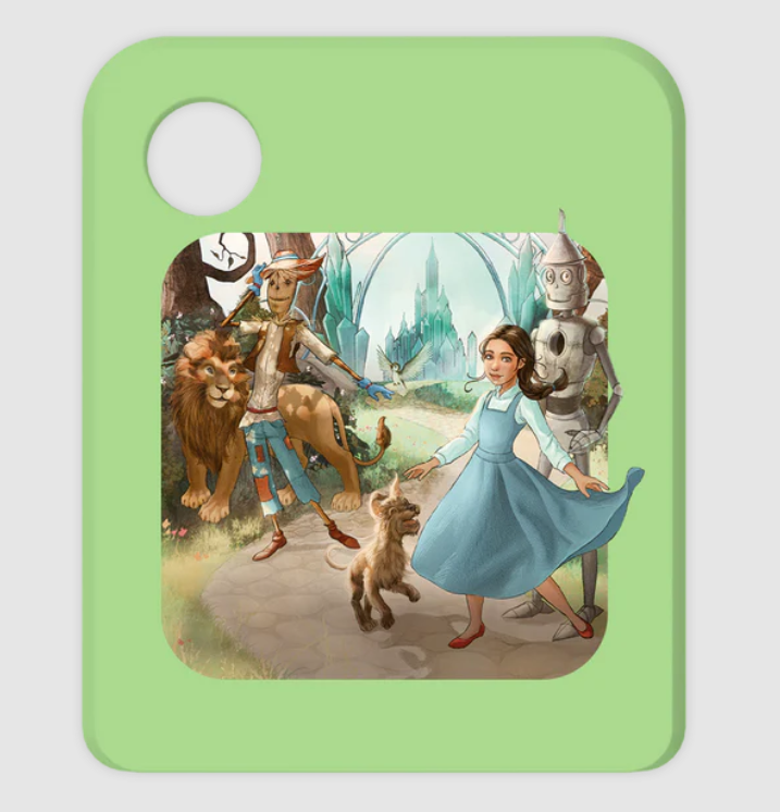 Dorothy, Toto, Vogelscheuche, Blechmann und Löwe gehen auf die Smaragdstadt zu.