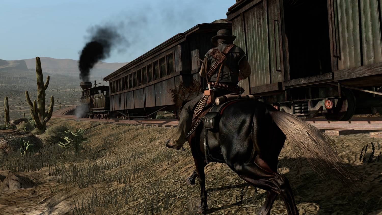 Hombre a caballo cabalga junto a un tren de vapor en un paisaje desértico con cactus.