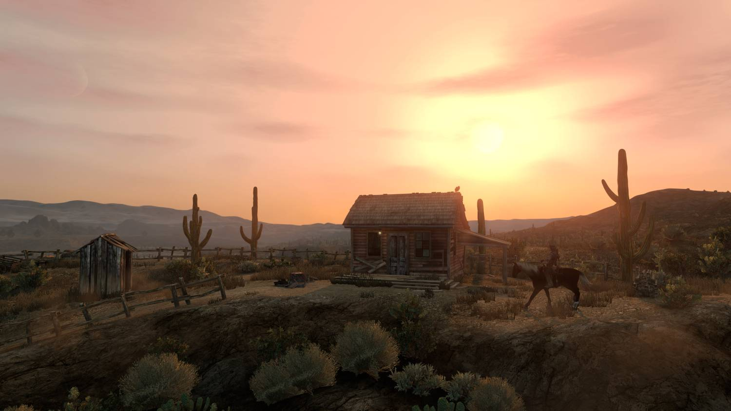 Un jinete solitario a caballo se acerca a una cabaña rústica en un paisaje desértico al atardecer.