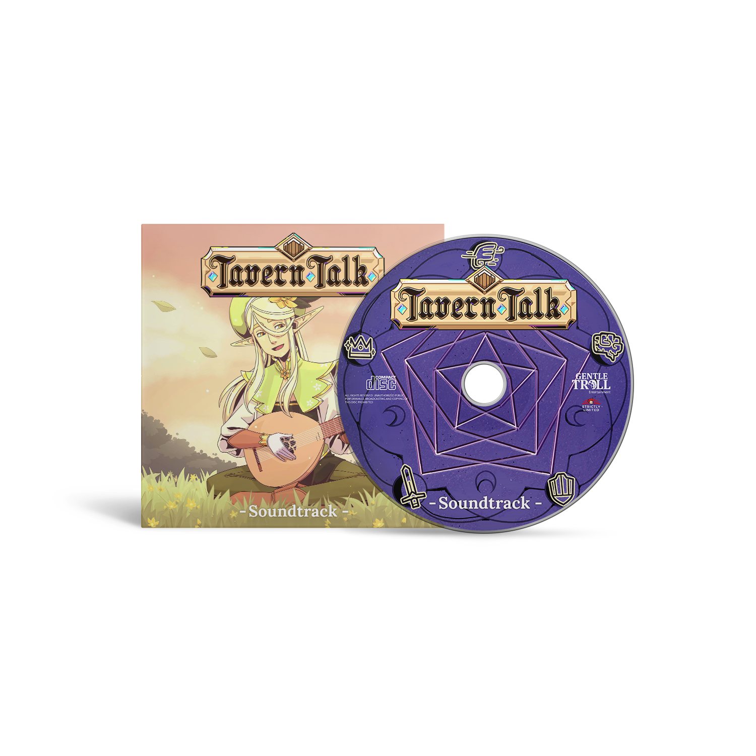 Portada del CD de la banda sonora de Tavern Talk con una elfa tocando un laúd en un campo.