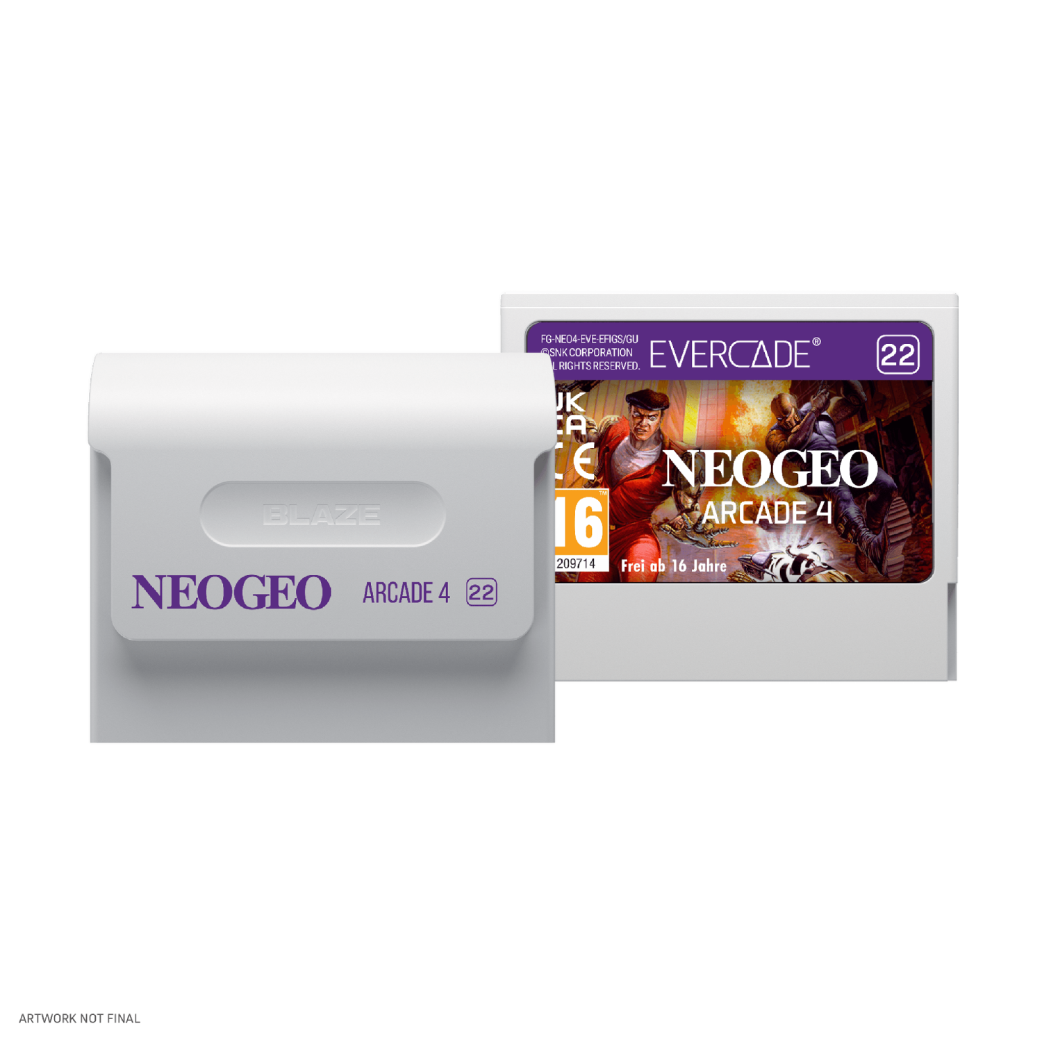 Un cartucho de juego blanco con "NEOGEO ARCADE 4" y una portada de juego.