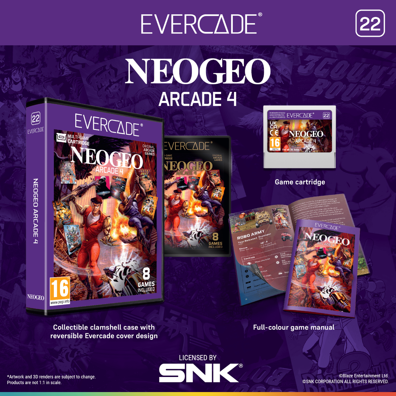 Empaque del juego Evercade NEOGEO Arcade 4, cartucho, manual y estuche.