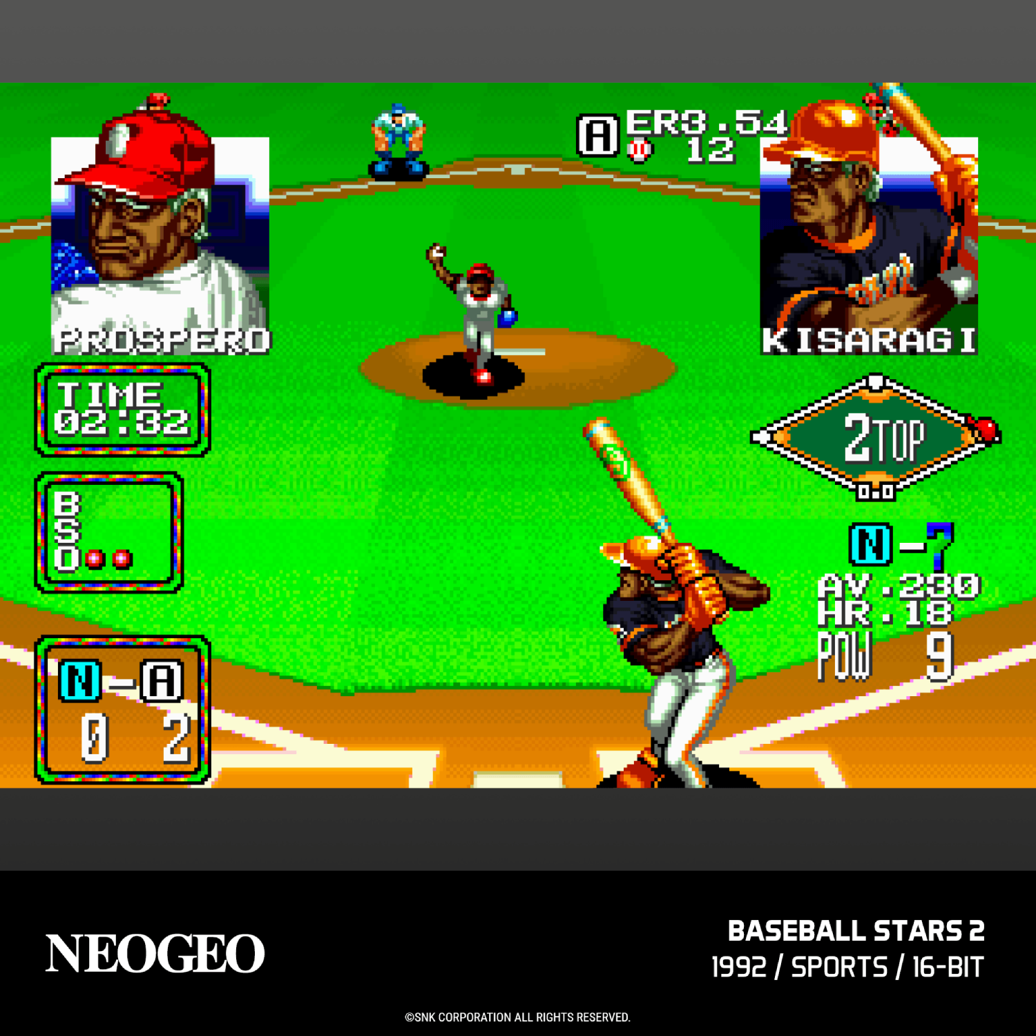 Juego de béisbol de 16 bits con jugadores, bateador y marcador.