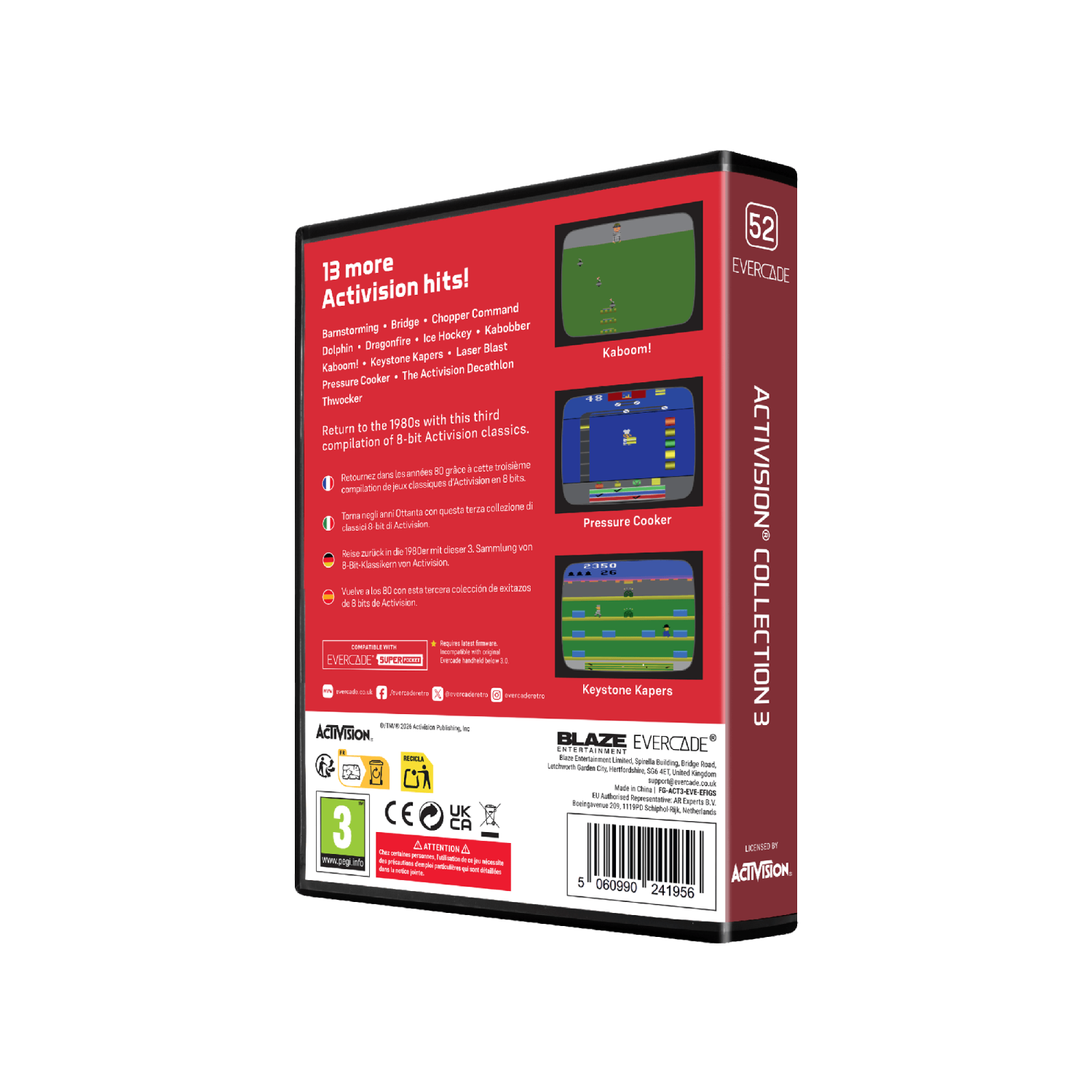 Caja del juego Activision Collection 3 con capturas de Kaboom! y Keystone Kapers.