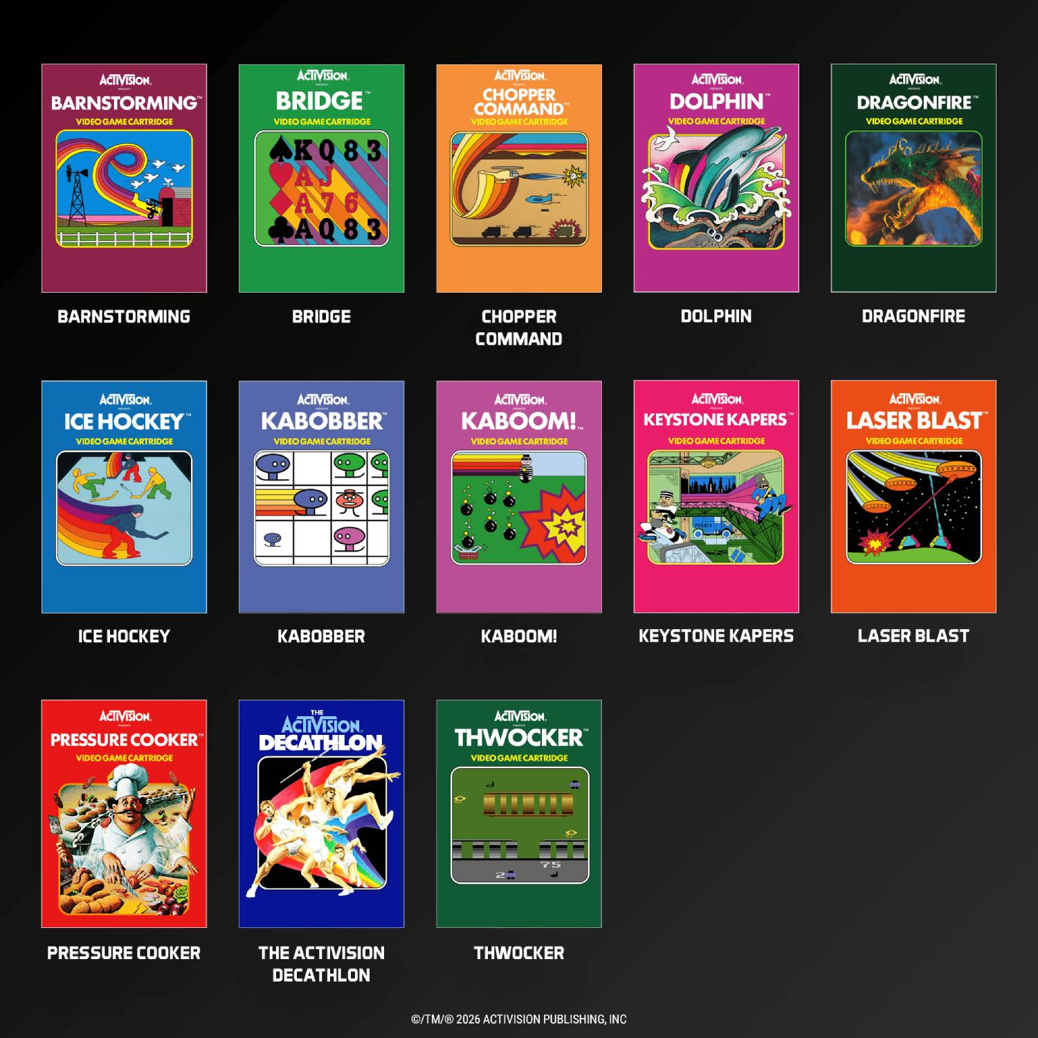 Carátulas de 15 videojuegos de Activision, en 3 filas.