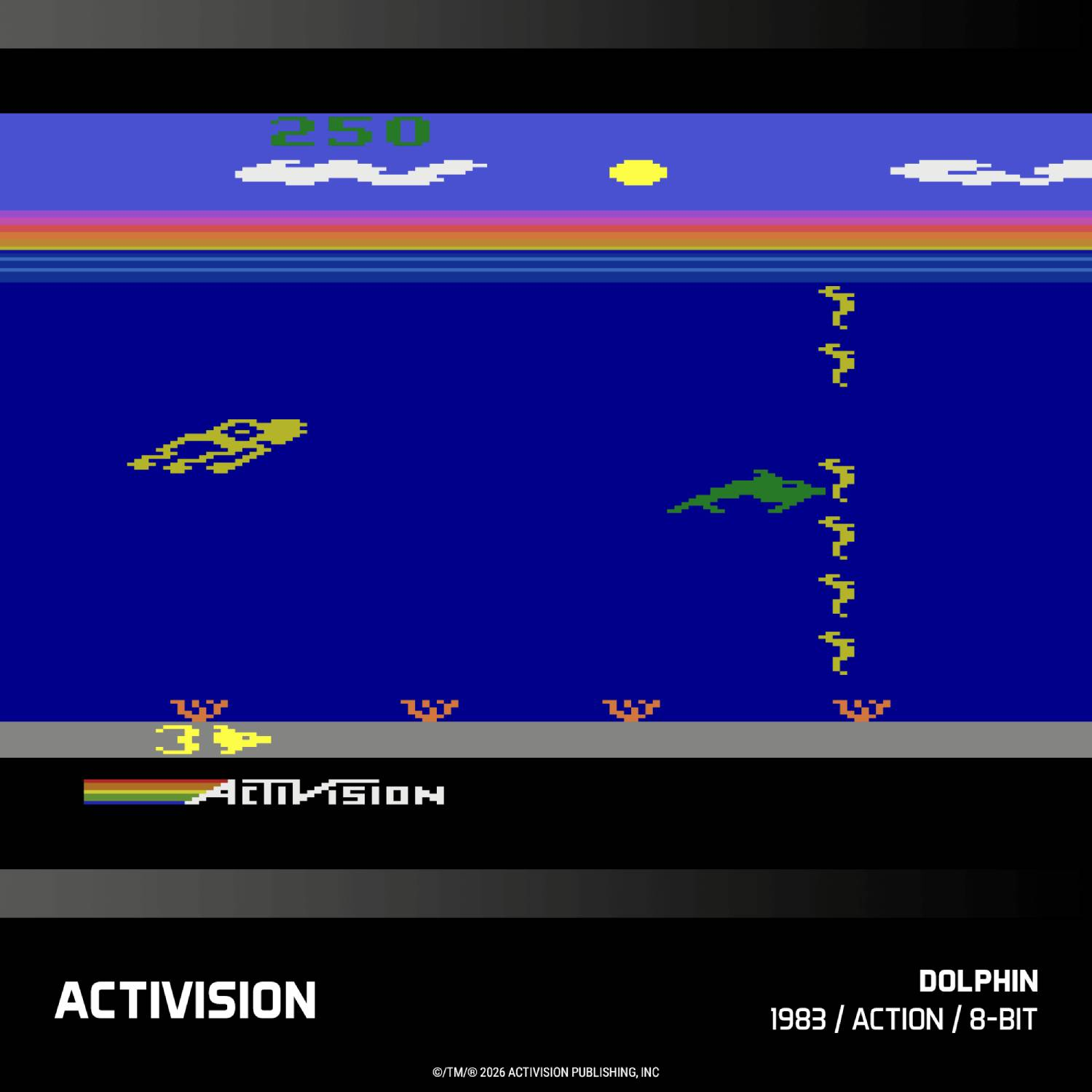Pantalla de juego de 8 bits con un delfín nadando en agua azul.