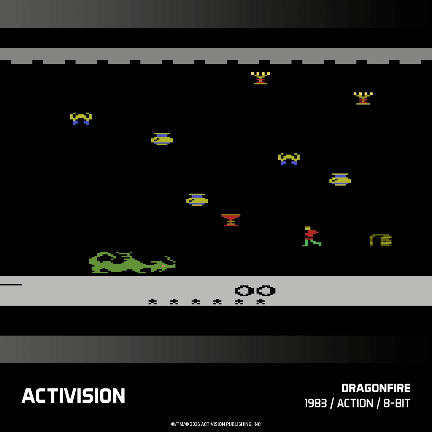 Una pantalla de videojuego de 8 bits muestra una criatura verde, un corredor y objetos voladores.