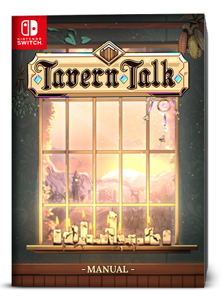 Manual de Tavern Talk Nintendo Switch, velas en un alféizar ante una ventana al atardecer.