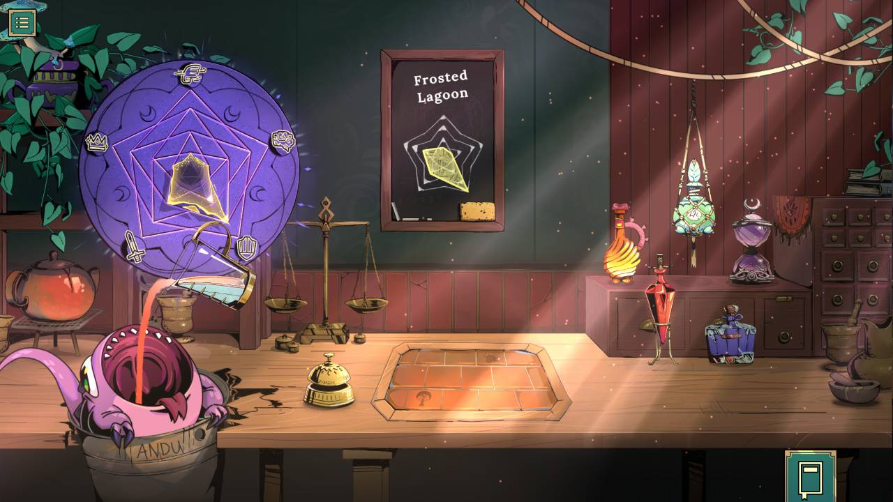 Un monstruo morado bebe de un cubo mientras el líquido cae de un círculo mágico.