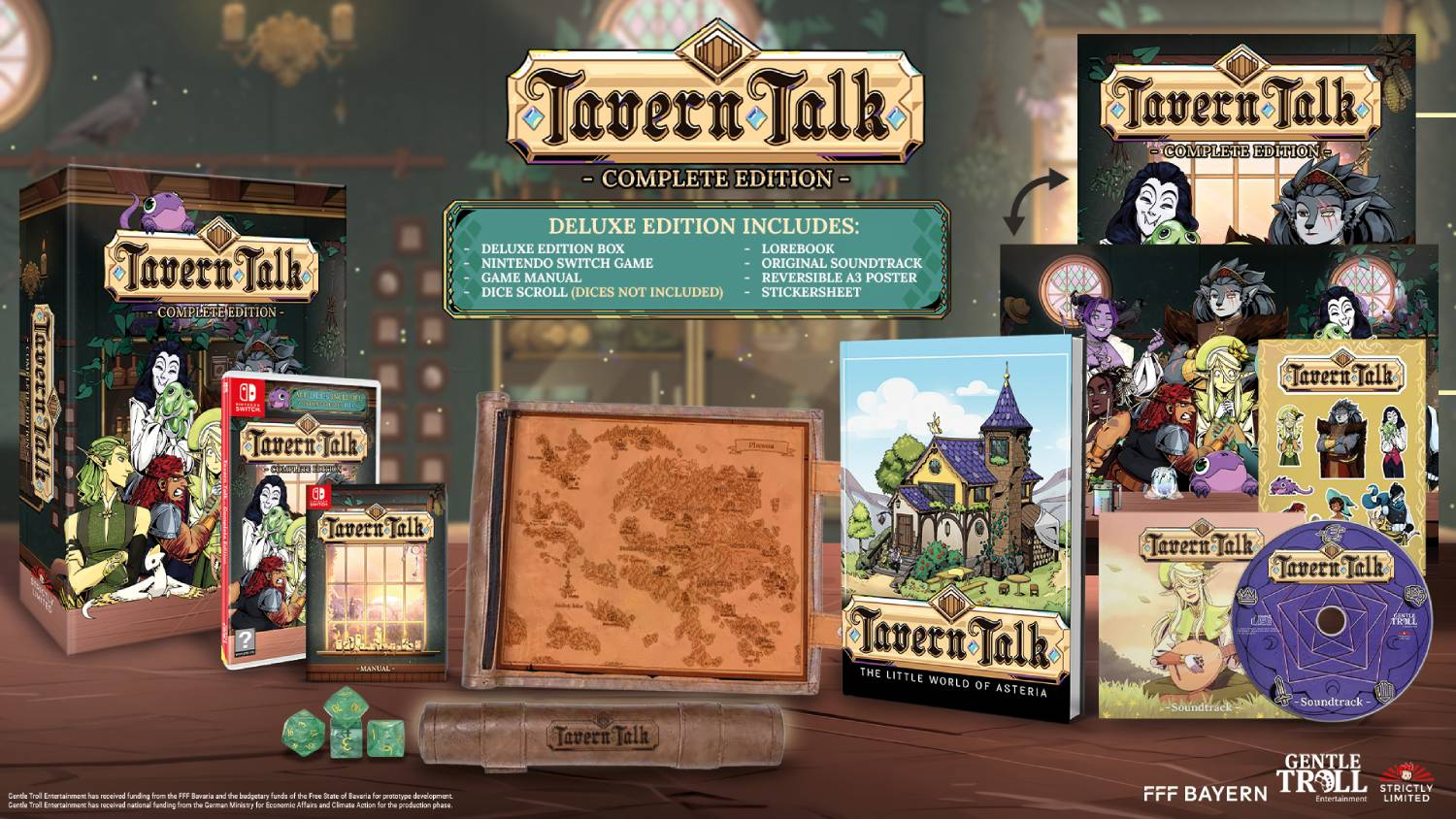 Contenido del juego Tavern Talk: Complete Edition expuesto en una mesa.