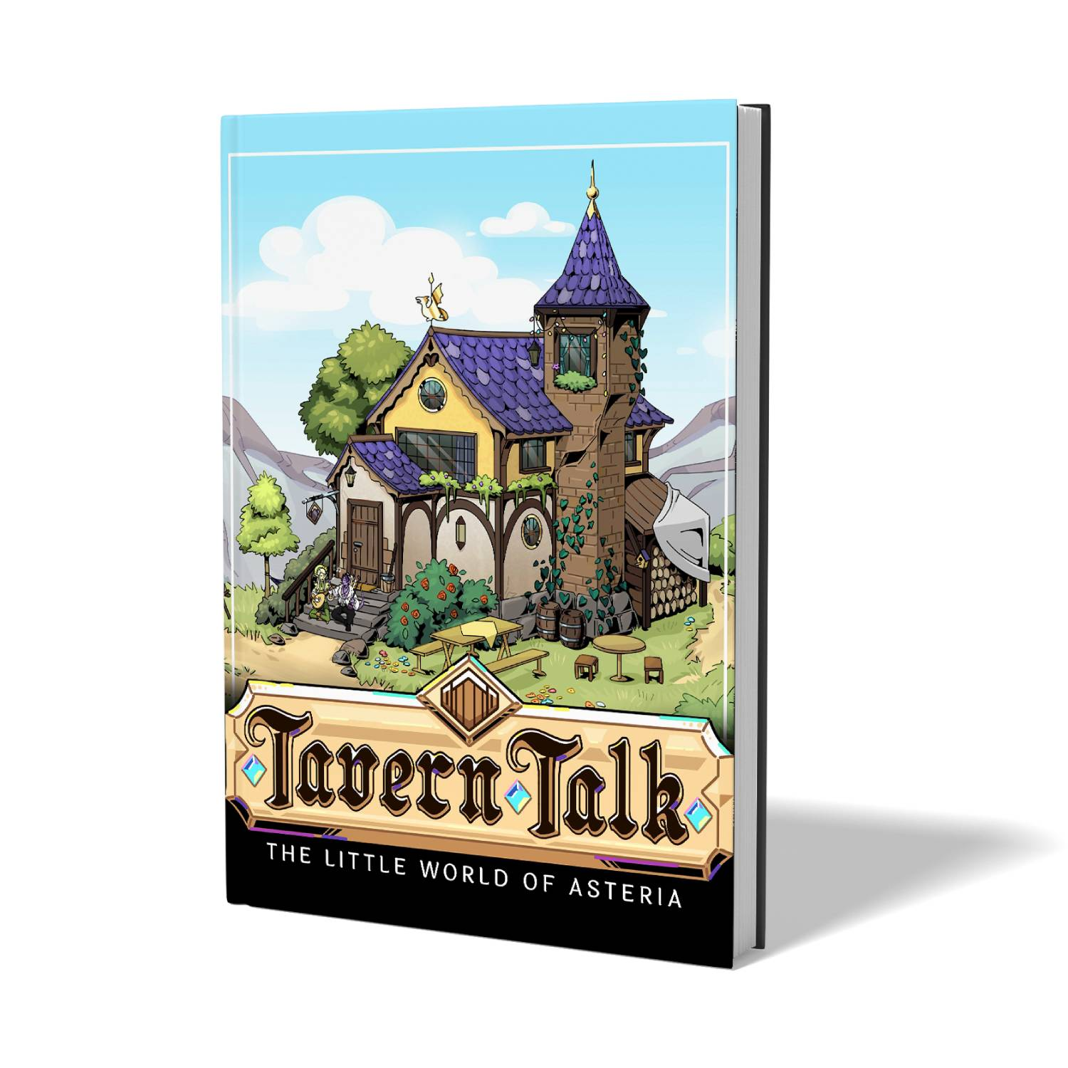 Portada del libro: Una taberna caprichosa con tejados morados, una torre y asientos al aire libre bajo un cielo azul.