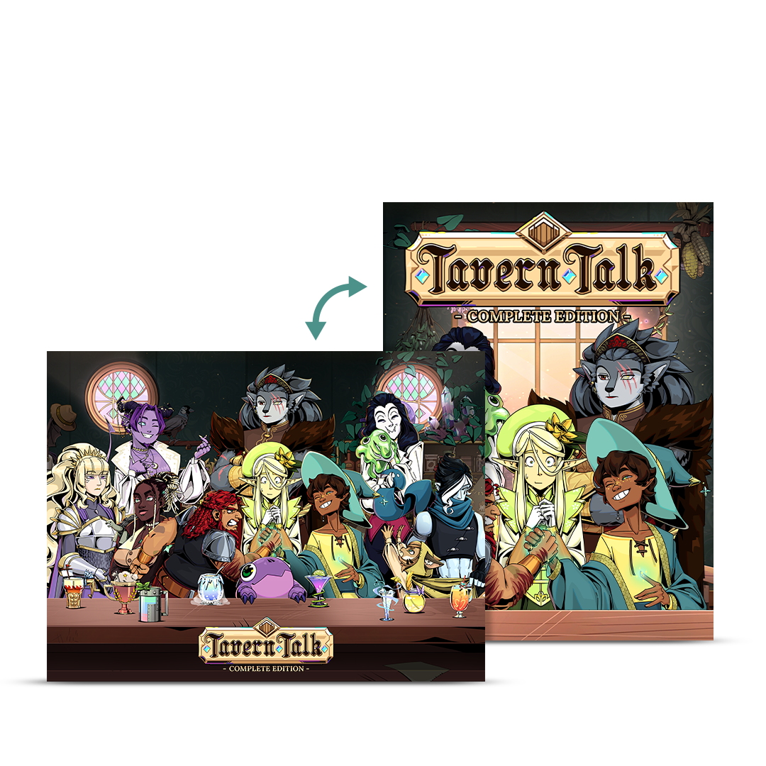 Diversos personajes de fantasía en una mesa de taberna con bebidas y el 