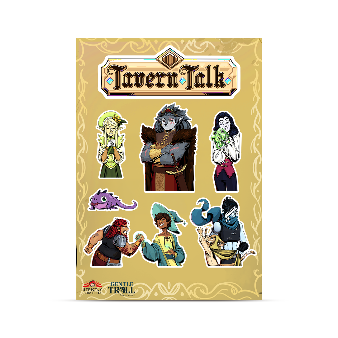 Seis personajes de fantasía y un dragón morado sobre fondo amarillo con título 'Tavern Talk'.