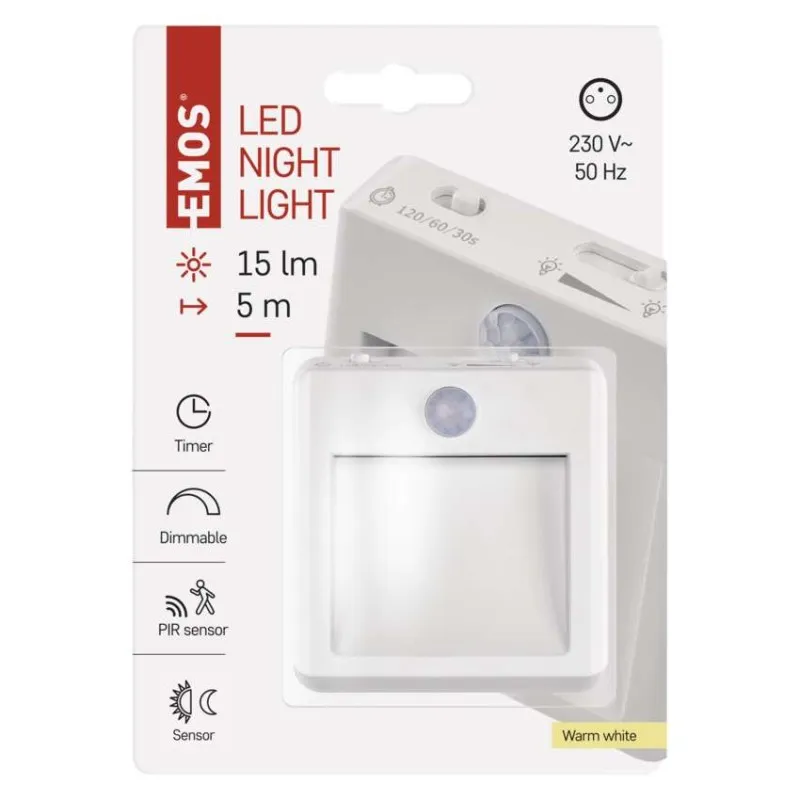 Fehér LED éjszakai fény csomagolás időzítő, szabályozható és PIR érzékelő ikonokkal.