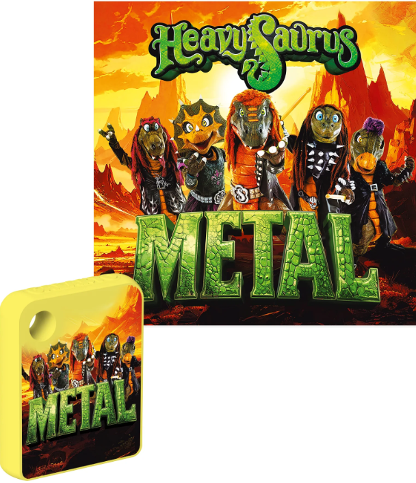 Fünf Dinosaurier im Metal-Look stehen vor einer feurigen Landschaft.