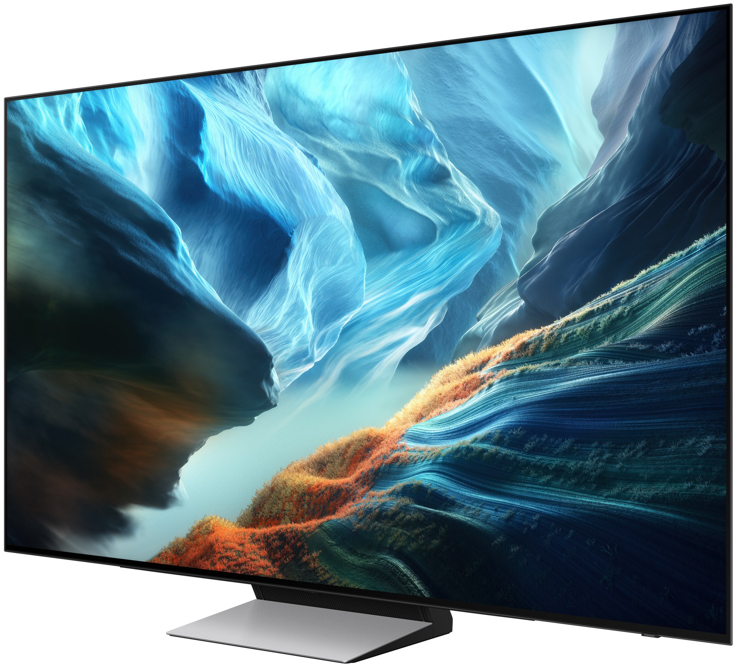 Modern síkképernyős TV élénk kék és narancssárga sziklaalakzatokat ábrázoló képpel.