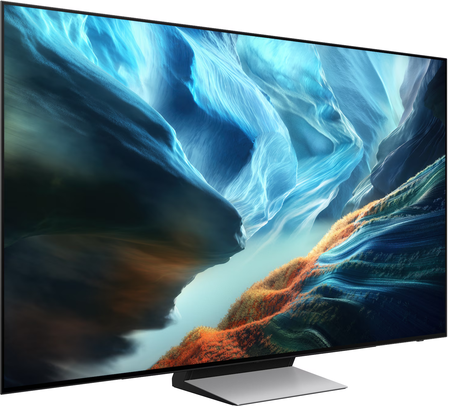 Egy modern TV szürreális tájat mutat kék és narancssárga sziklaalakzatokkal.