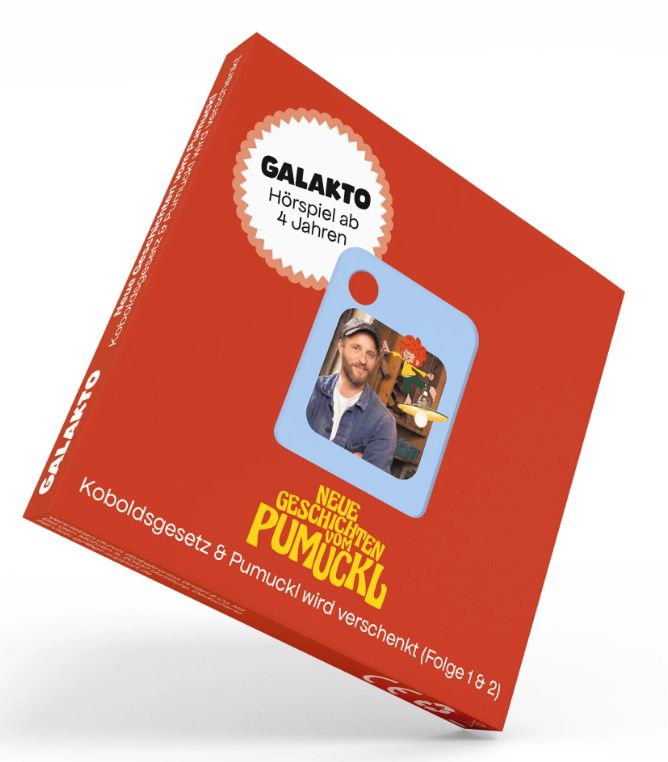 Eine rote Hörspielbox mit Comicfiguren und Text für Kinder ab 4 Jahren.