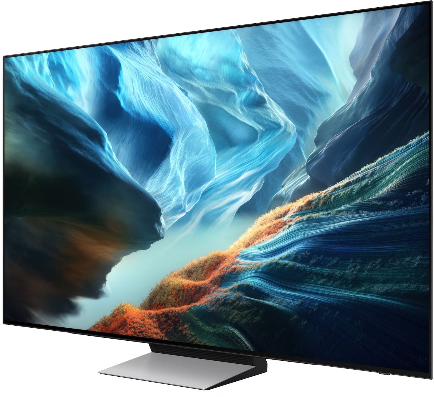 Egy modern televízió absztrakt kék és narancssárga képernyővédővel.