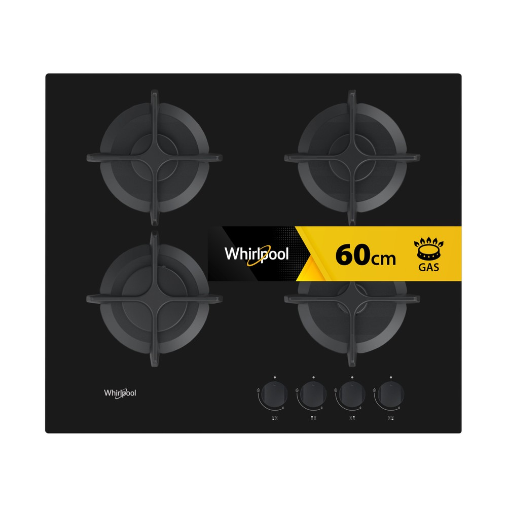 Placa de gas negra con cuatro quemadores, logo Whirlpool y 60cm.
