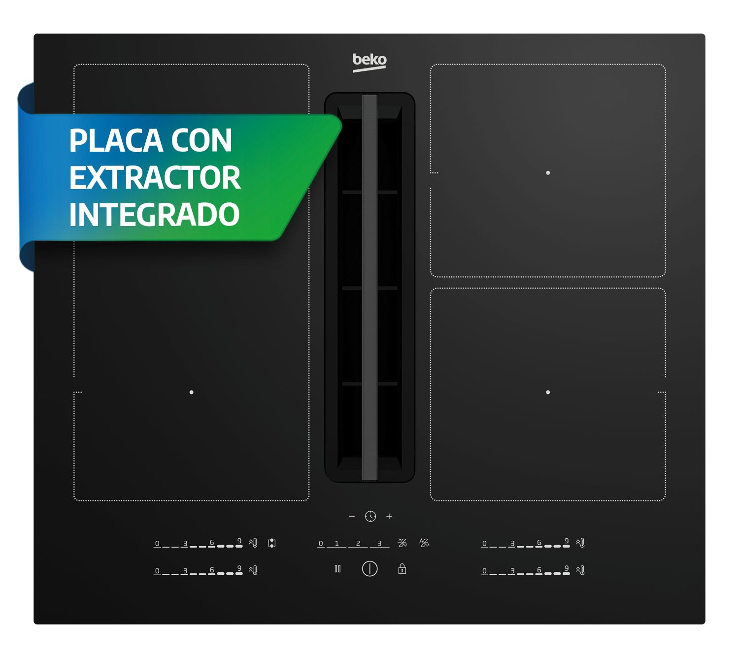 Placa de inducción Beko negra con extractor integrado y controles táctiles.