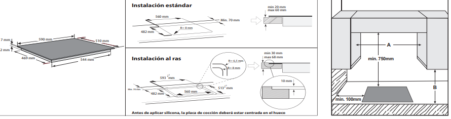 Dibujos técnicos de placas de cocina: dimensiones y opciones de instalación.