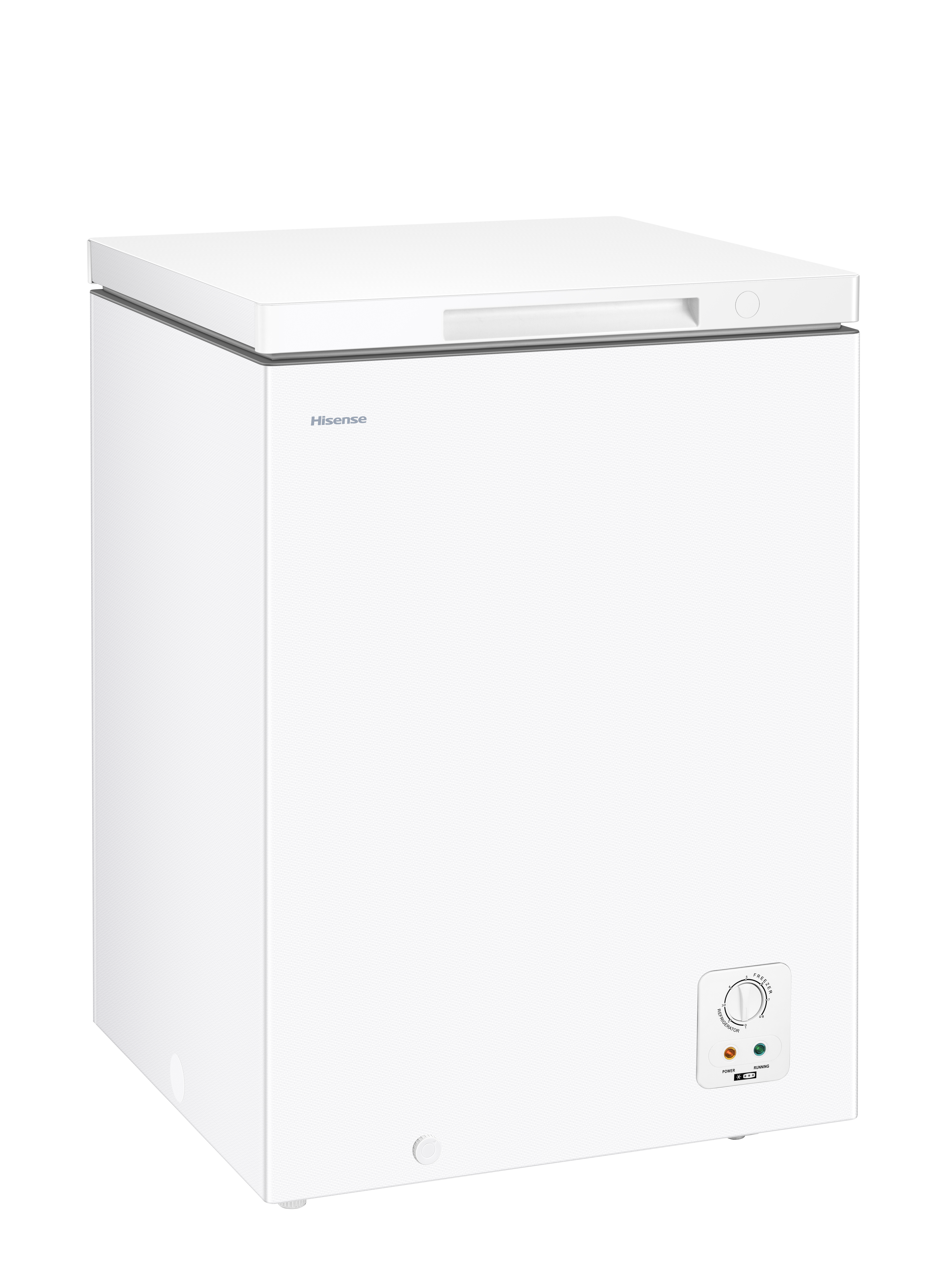 Un congelador horizontal blanco Hisense con asa plateada y dial de temperatura.