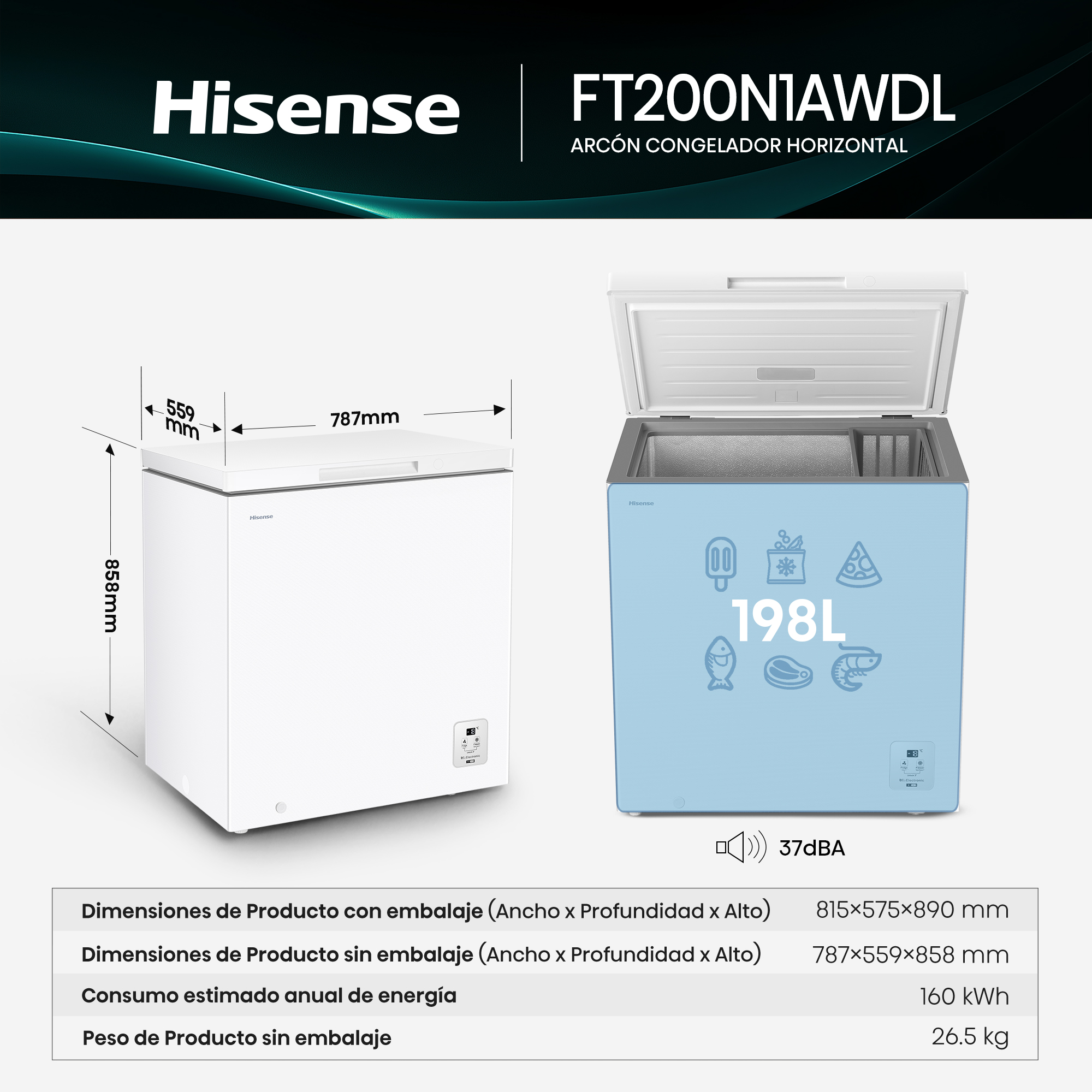 Un congelador horizontal Hisense blanco y uno azul mostrando medidas e iconos.