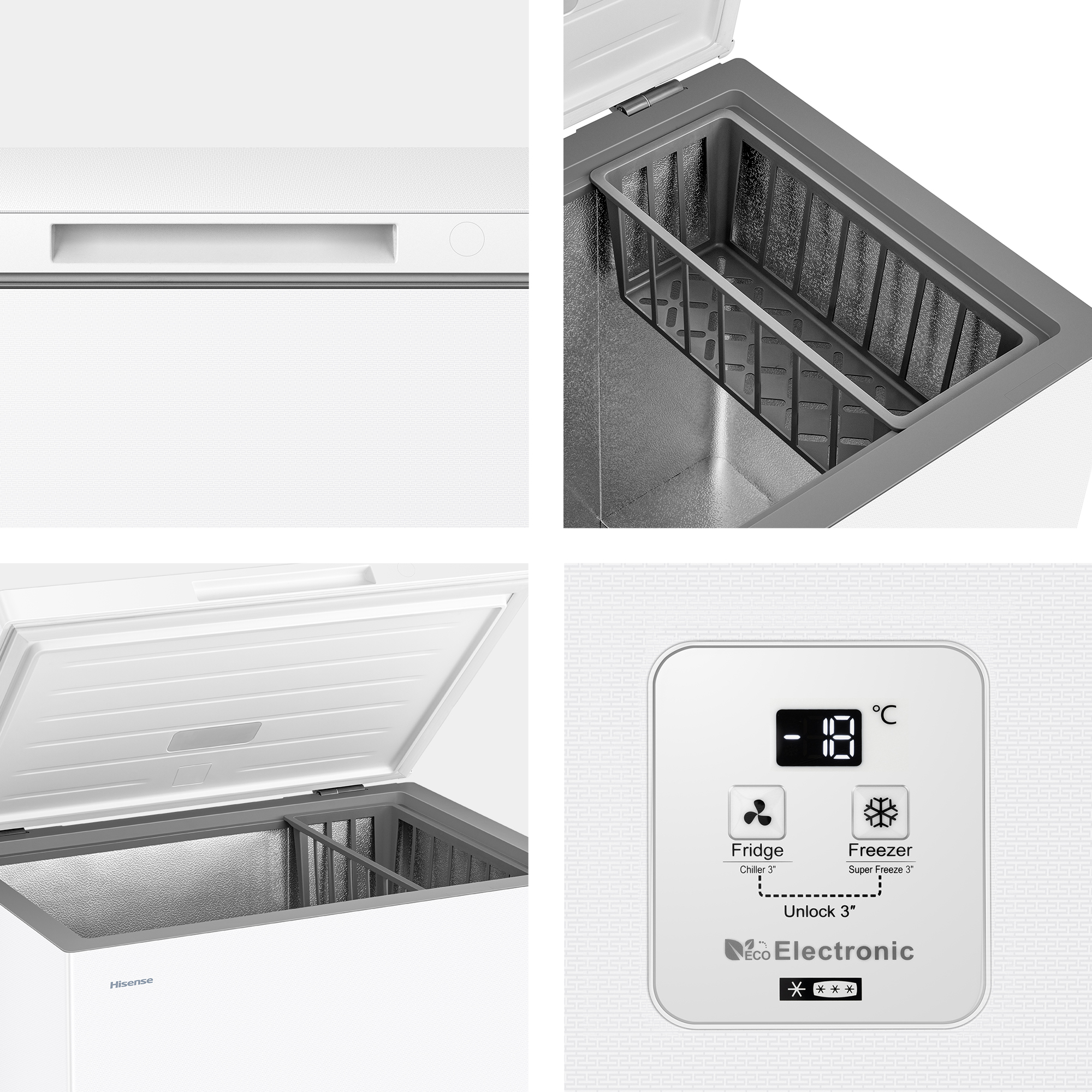 Un congelador horizontal blanco con tapa abierta, cesta extraíble y pantalla digital.