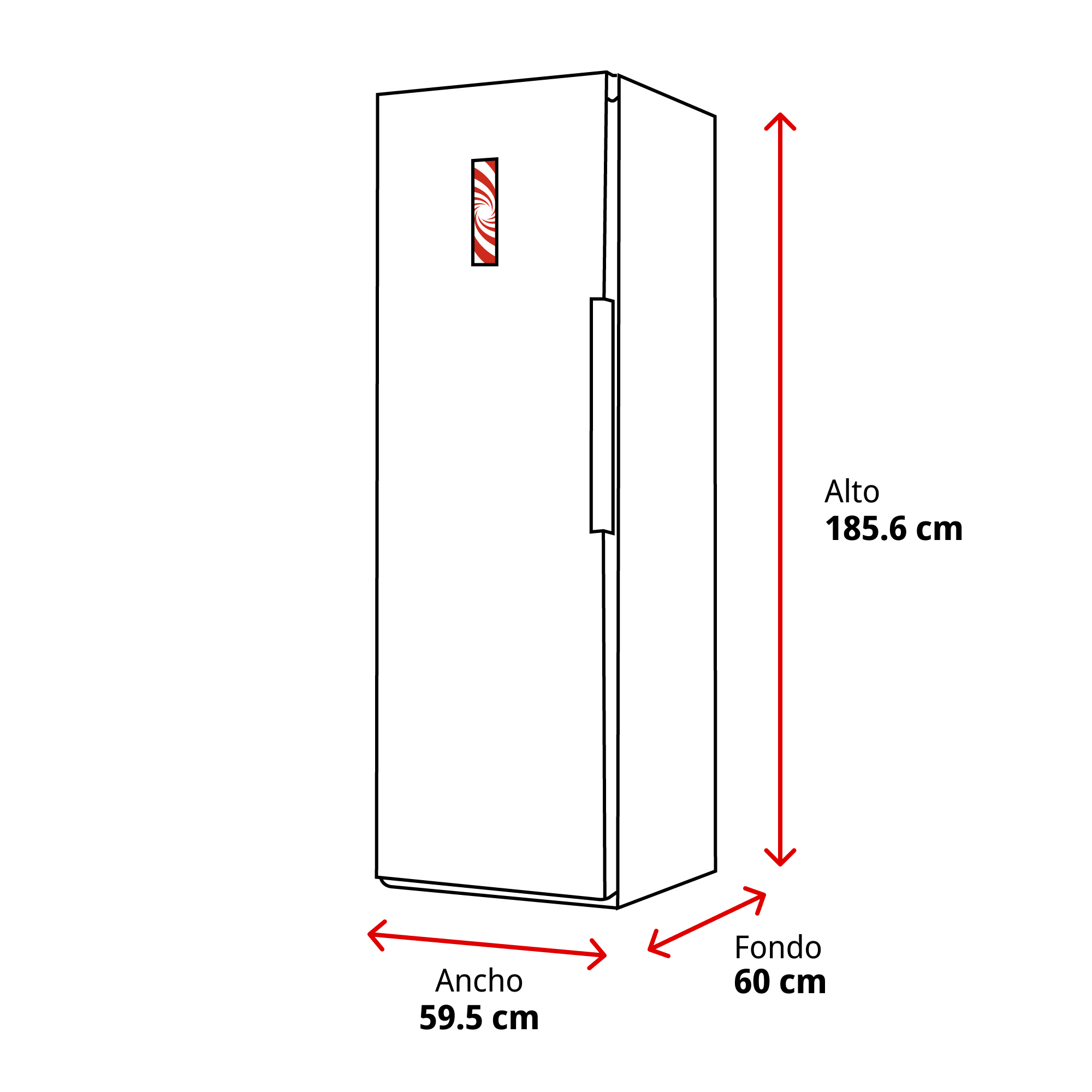 Un refrigerador con dimensiones de 185,6 cm de alto, 59,5 cm de ancho y 60 cm de fondo.