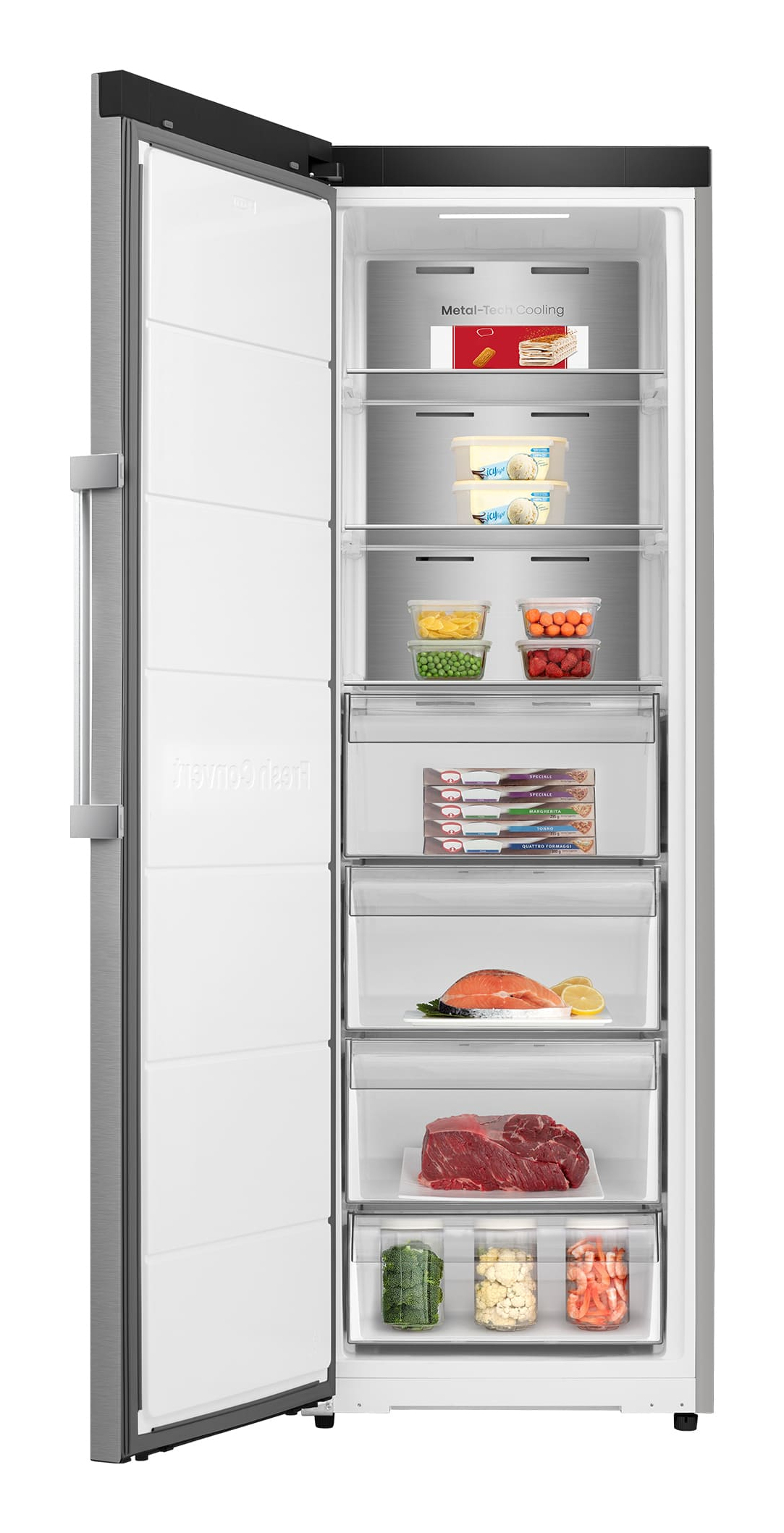 Refrigerador abierto con comida: carne, pescado, verduras, frutas y comidas congeladas.
