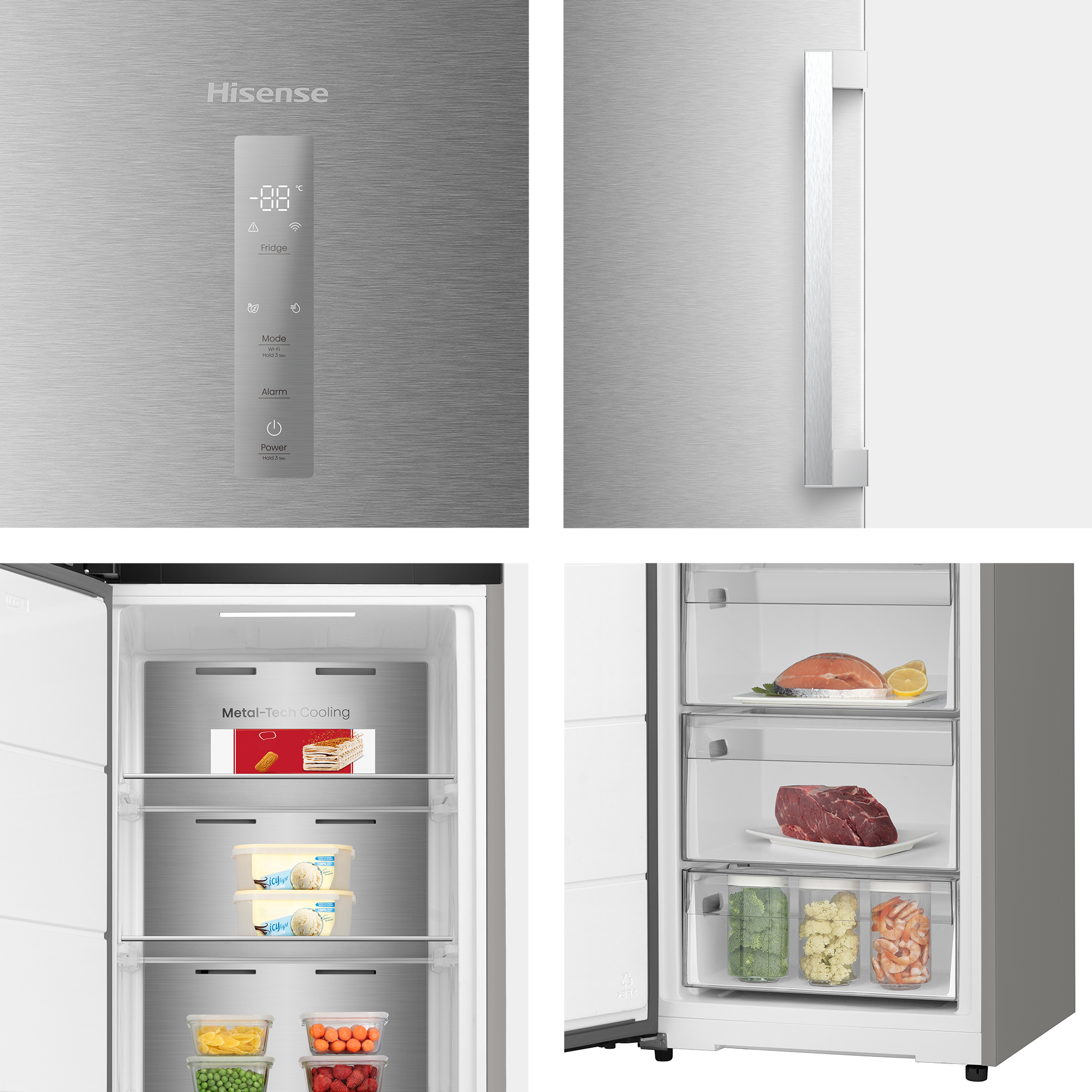 Un refrigerador Hisense plateado con compartimento abierto. Congelador con salmón, ternera y gambas.