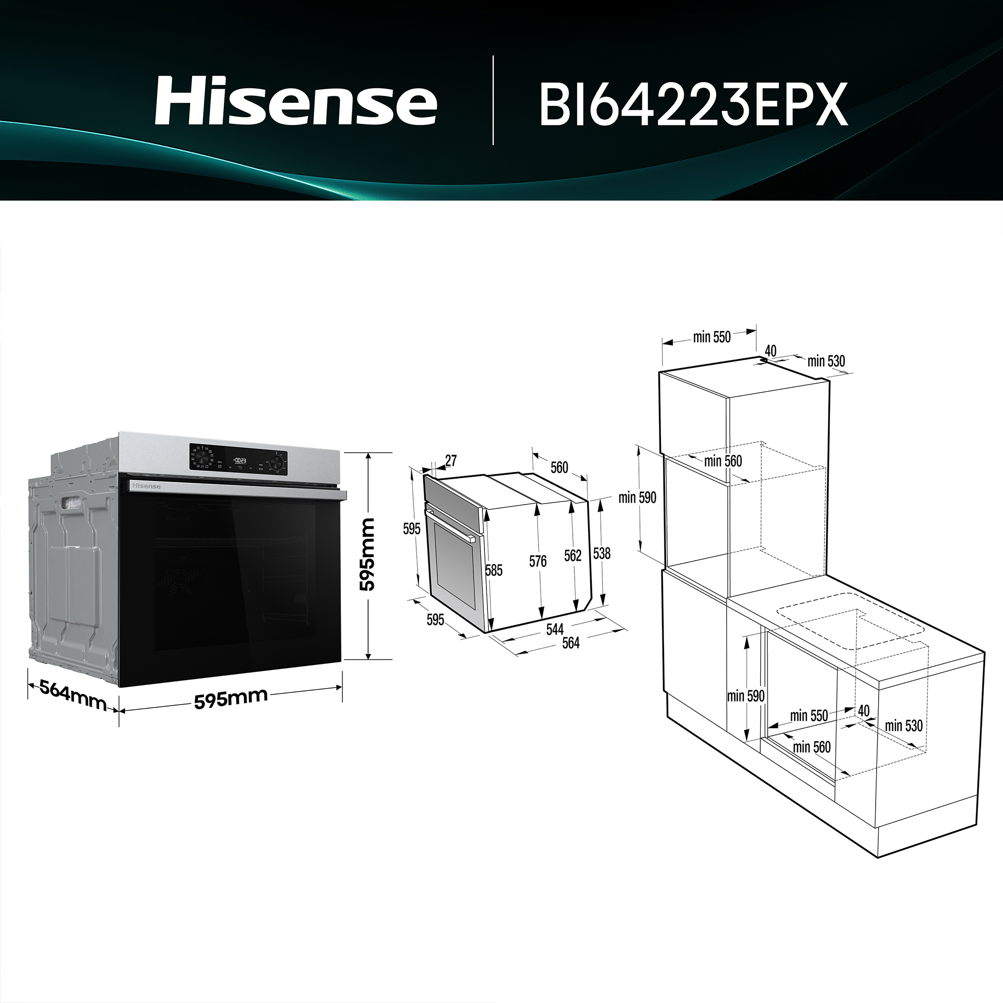 Horno empotrable con dimensiones y detalles técnicos. Horno a la izquierda, diagrama de instalación a la derecha.