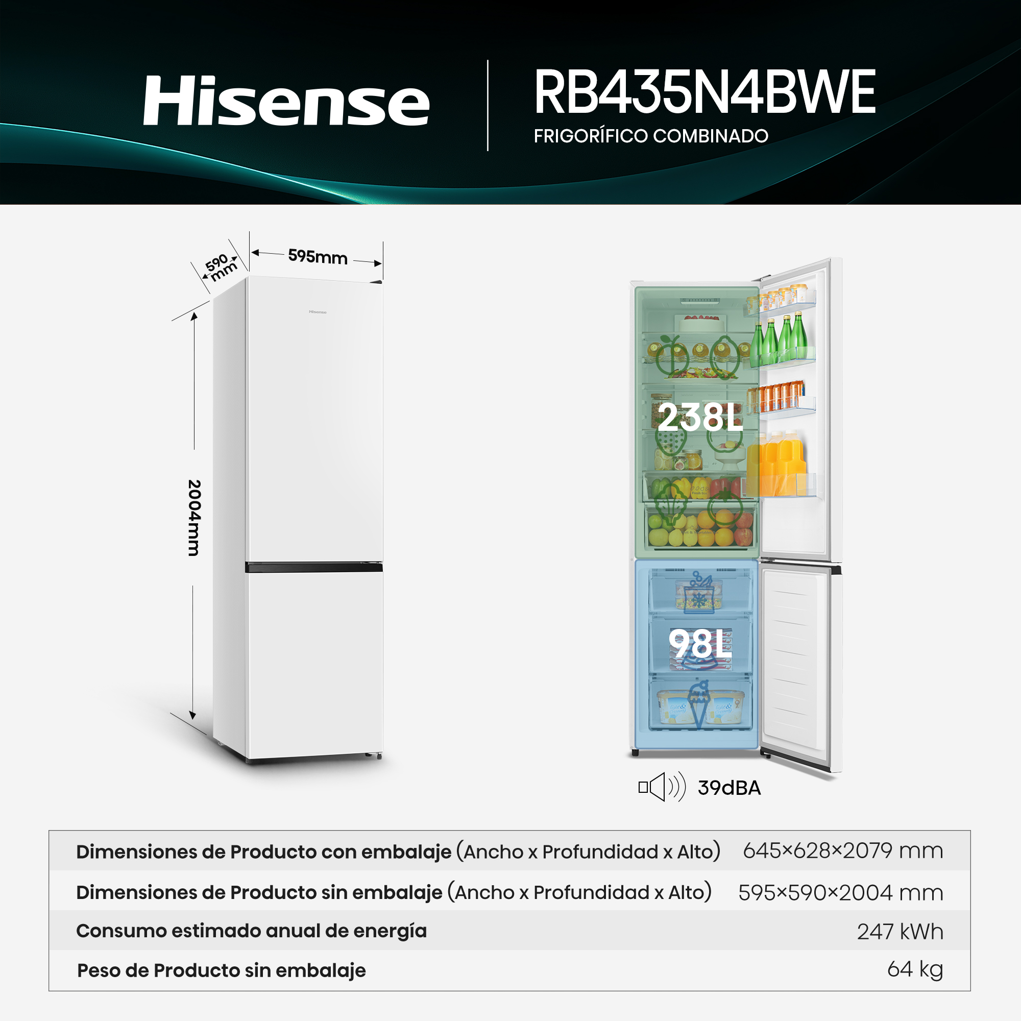 Refrigerador Hisense blanco con dimensiones y vista interior. 238L nevera, 98L congelador.