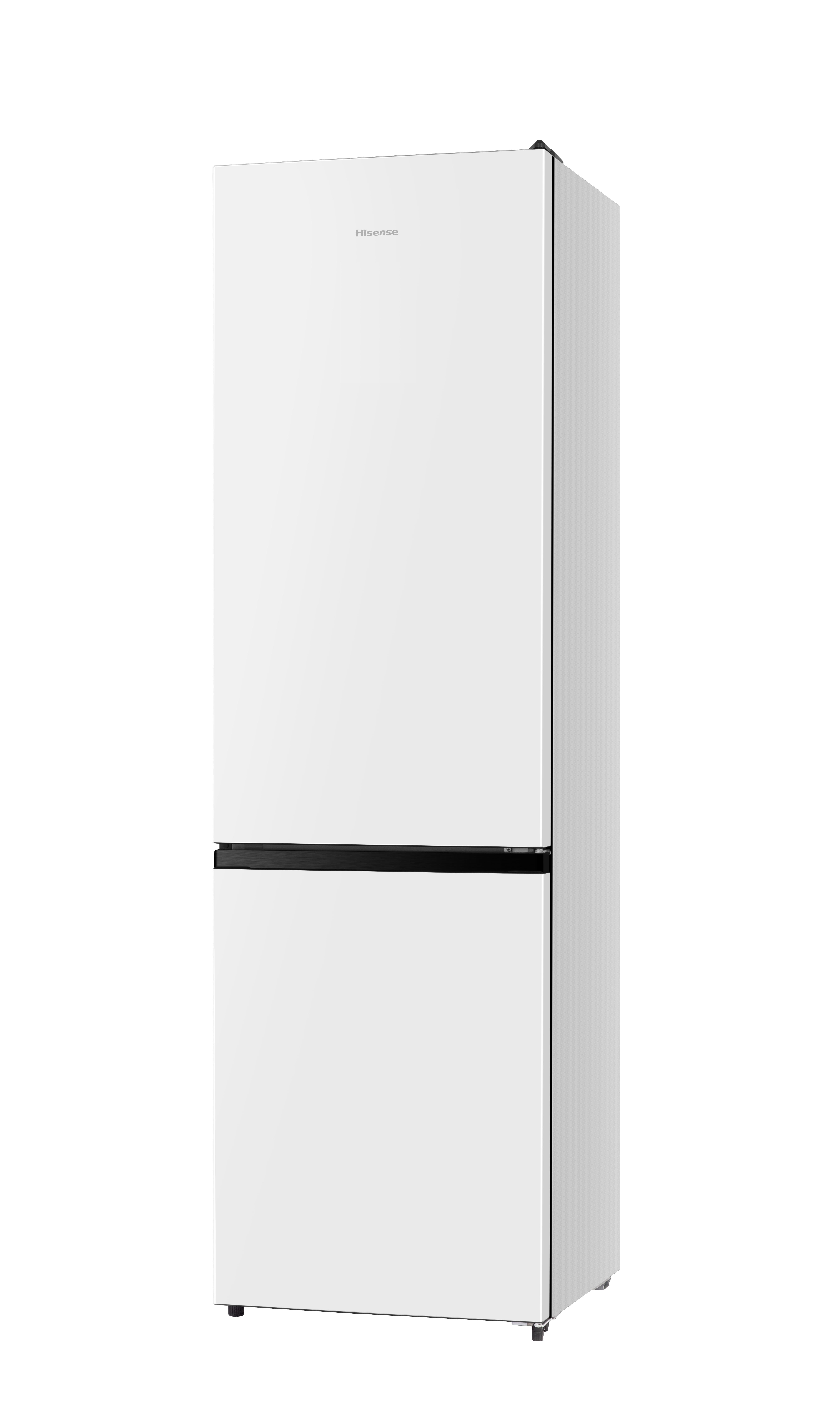 Un refrigerador Hisense blanco de dos puertas con asa negra.
