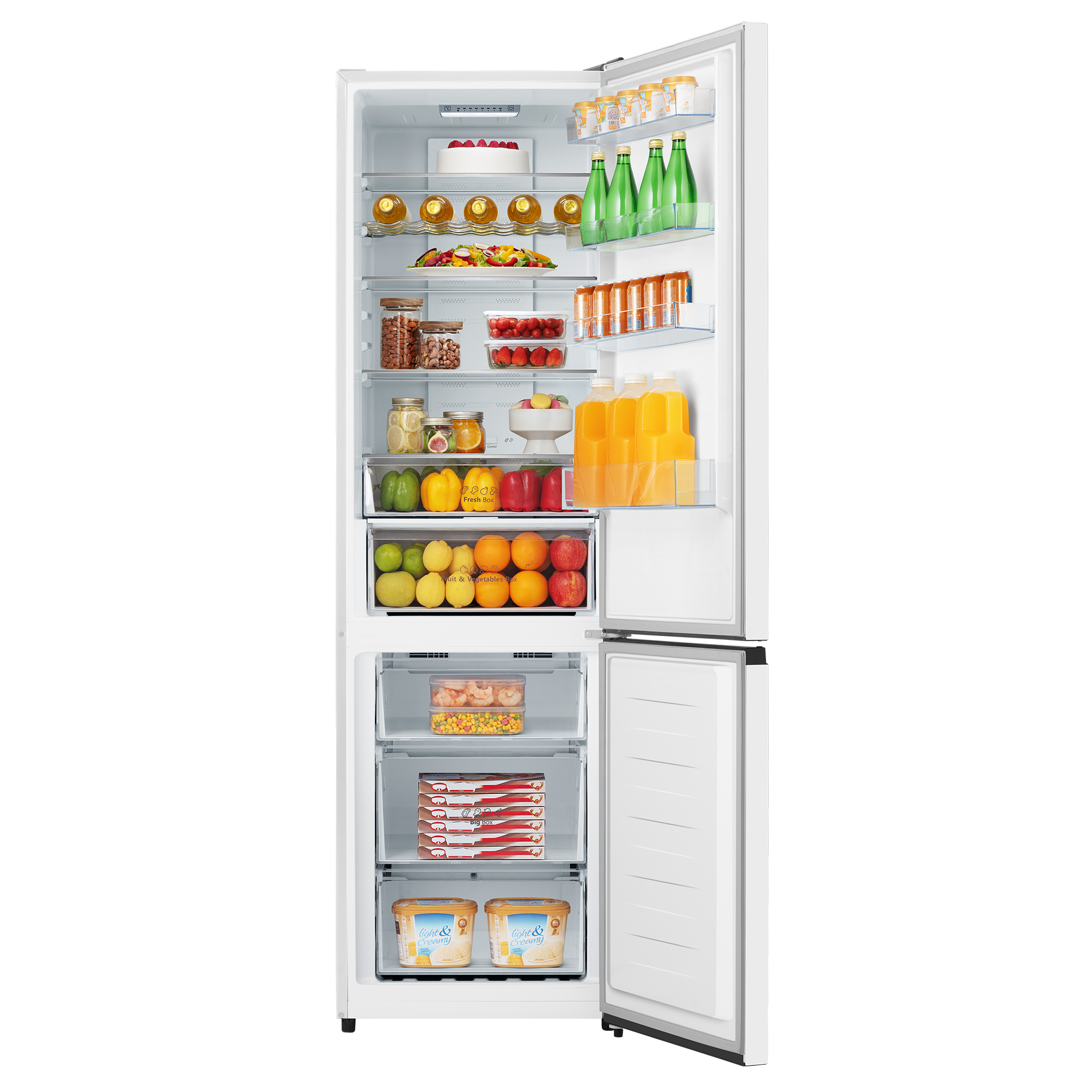 Un refrigerador abierto lleno de comida: frutas, verduras, bebidas y helado.