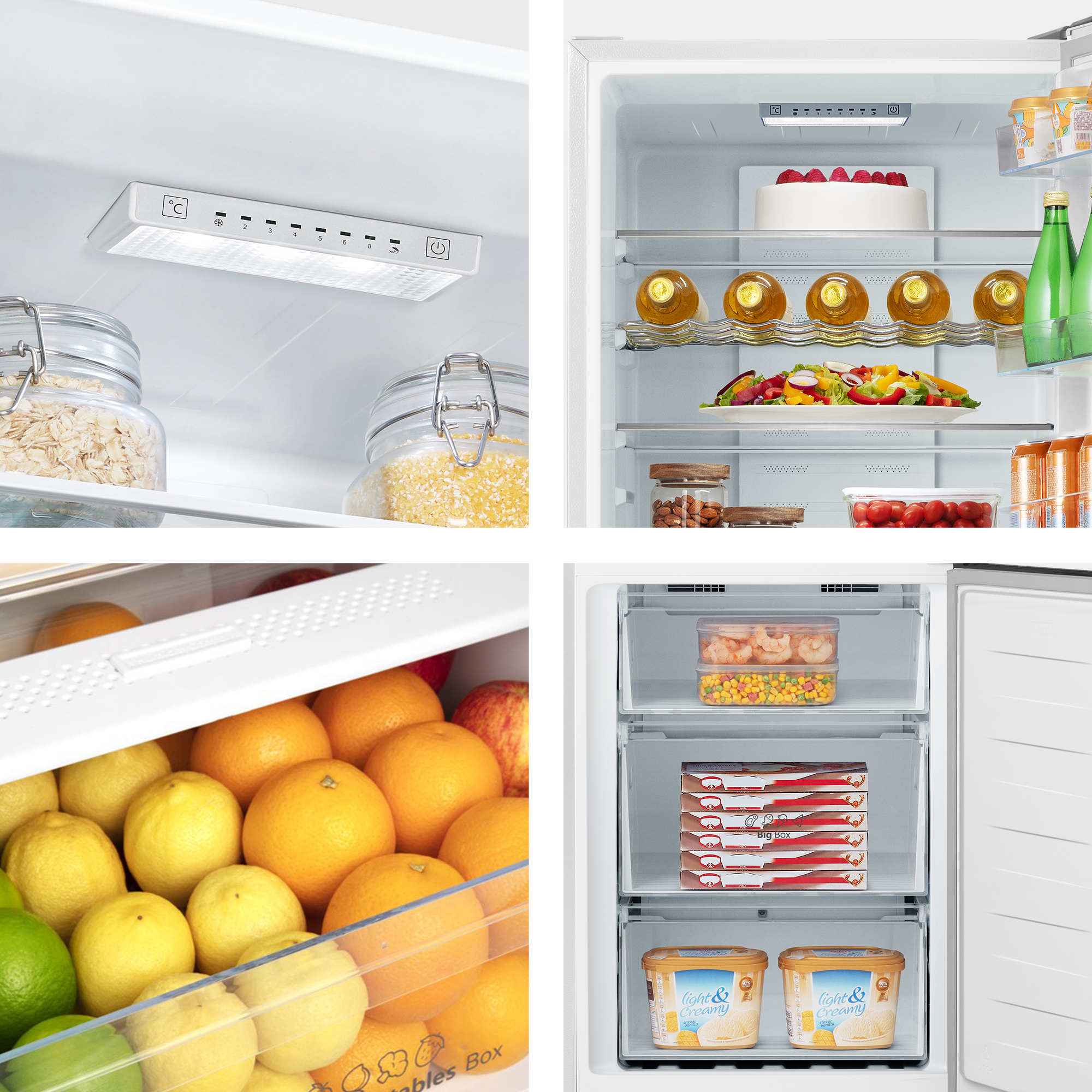Un refrigerador lleno de comida: frutas, verduras, pastel, bebidas y helado.