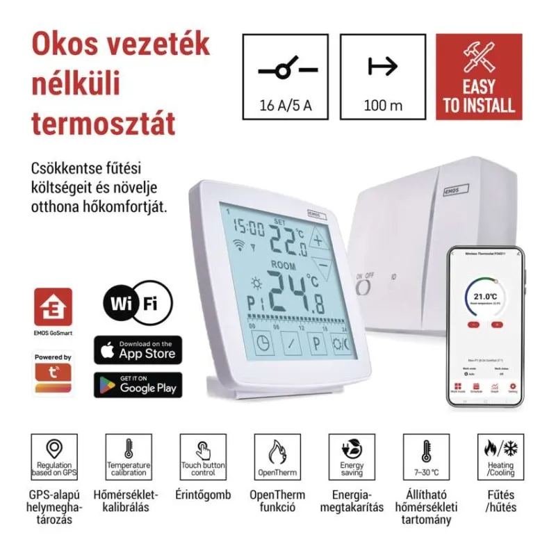 Egy fehér, modern termosztát érintőképernyővel, külön vezérlőegységgel és alkalmazással.