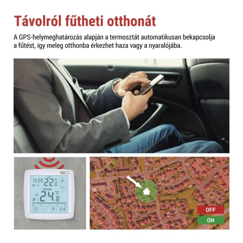 Férfi autóban okostelefont használ; termosztát; műholdas térkép házzal