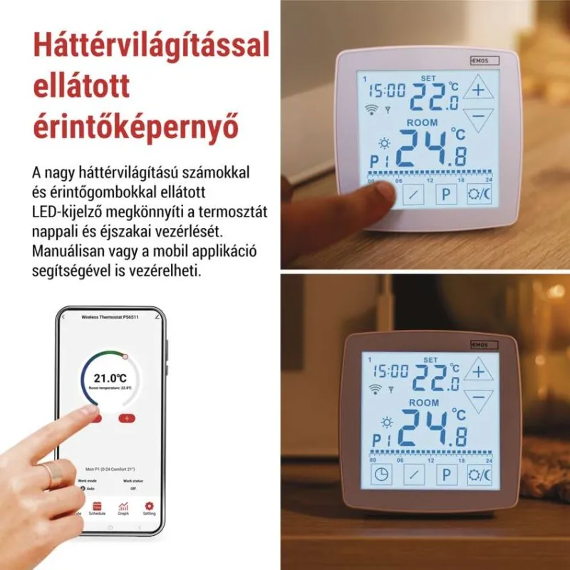 Érintőképernyős termosztát applikáció vezérléssel.