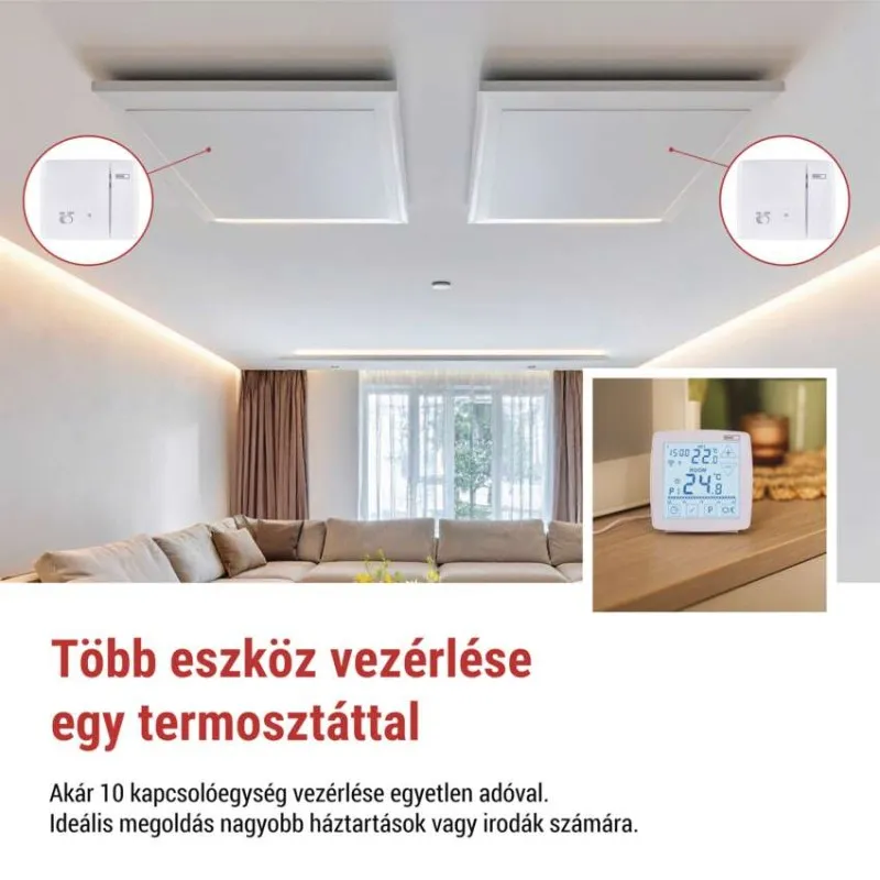Fehér mennyezeti panelek termosztát vezérléssel egy modern nappaliban.