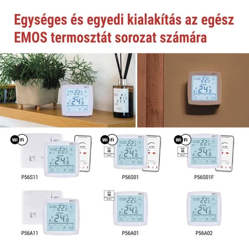 Több fehér termosztát digitális kijelzővel és Wi-Fi szimbólummal.