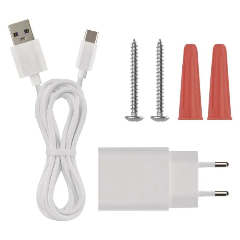 Fehér USB-C kábel, két csavar és két piros tipli.