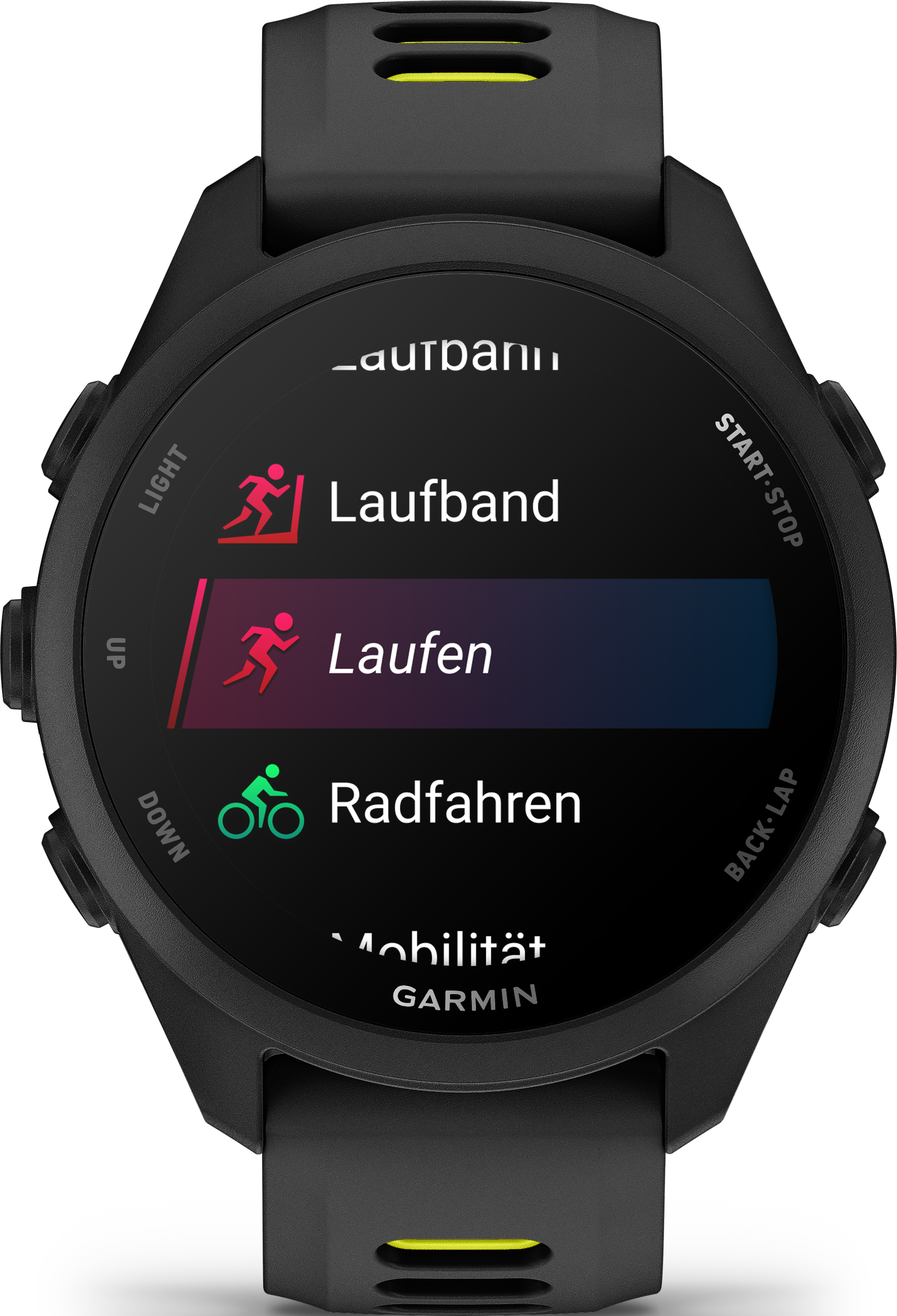 Une montre connectée noire affiche un menu avec des options sportives.