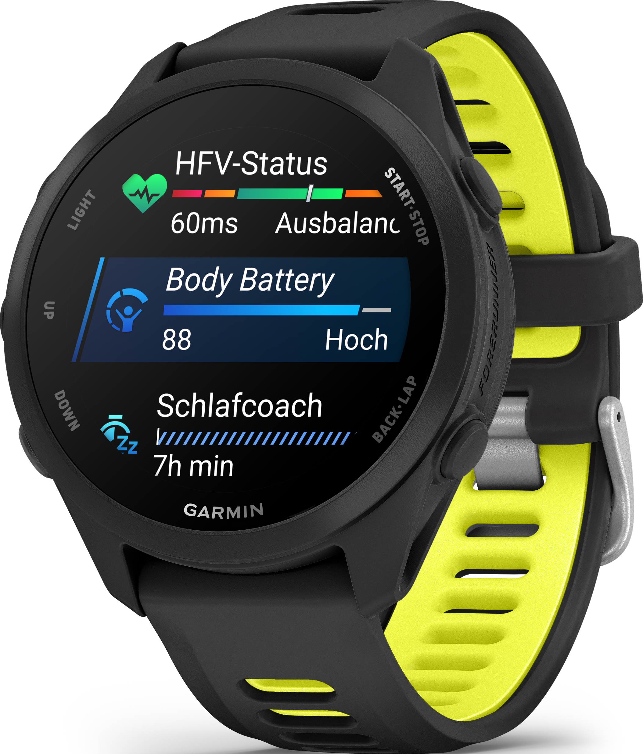 Une montre connectée Garmin noire avec bracelet jaune affiche statut VFC, batterie corporelle et coach de sommeil.