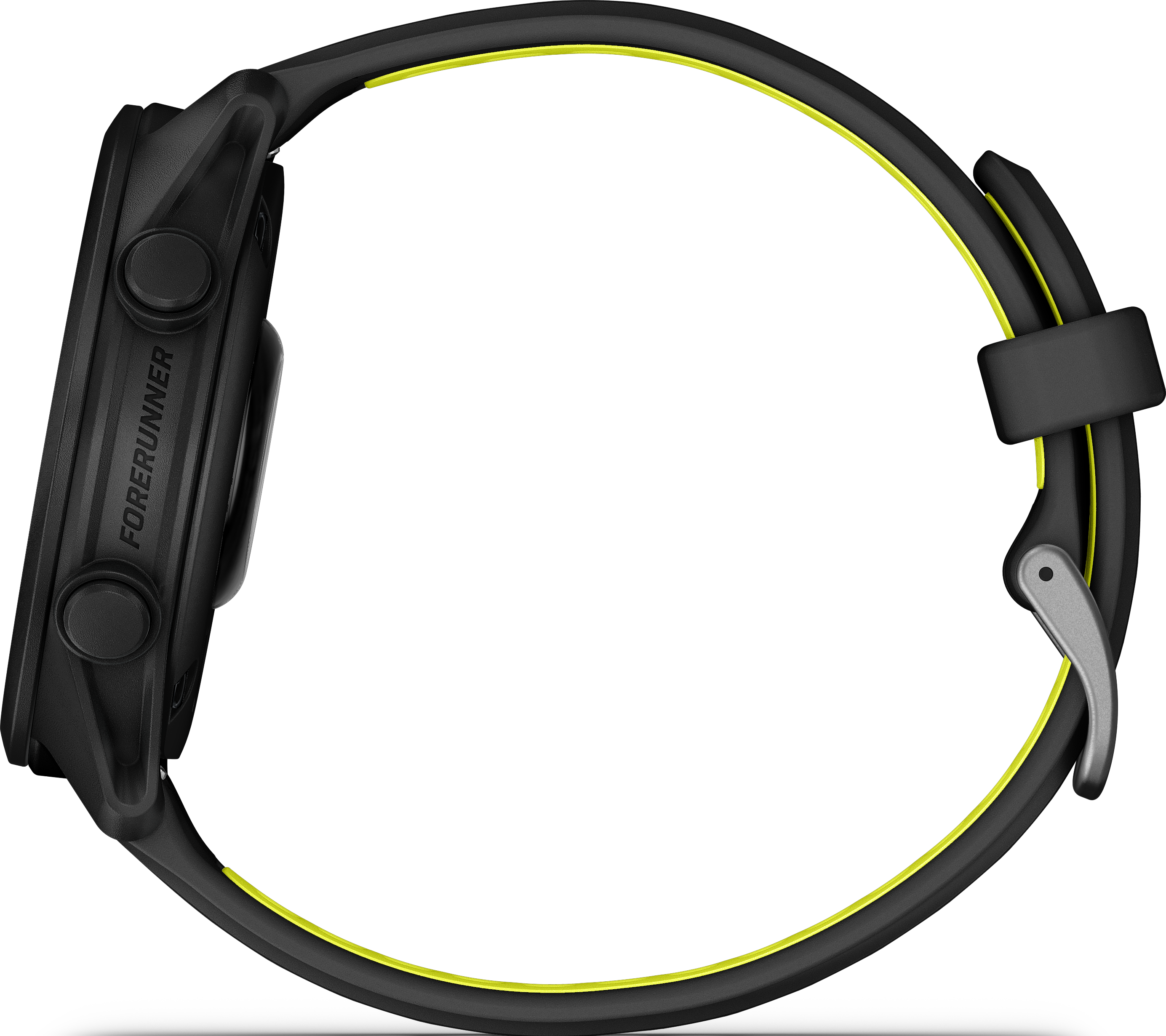 Montre noire avec une ligne d'accentuation jaune et un fermoir argenté.